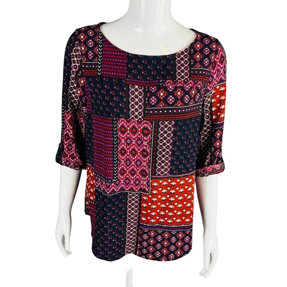 Valerie Stevens Womans Small Blouse Blue Patch Pattern Roll Tab‎ Sleeve